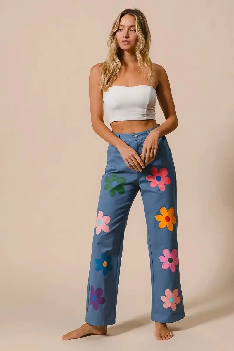 BiBi Flower Print Straight Legs Pants for Chic Style - Love Salve